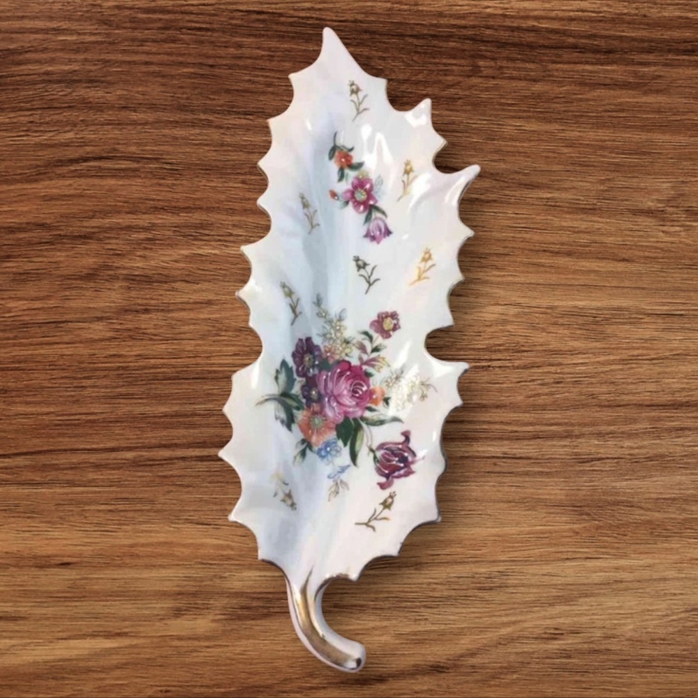 KALK Antique Vtg White Porcelain Leaf Dish Floral Decor Gold Trim Germany